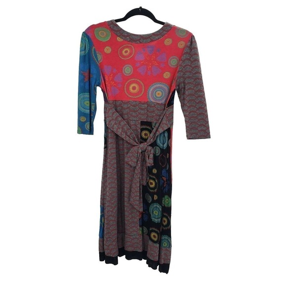Pure Vida Small Knit Tie Back Dress Boho Peasant Patchwork Geometric V Neck - Picture 3 of 15